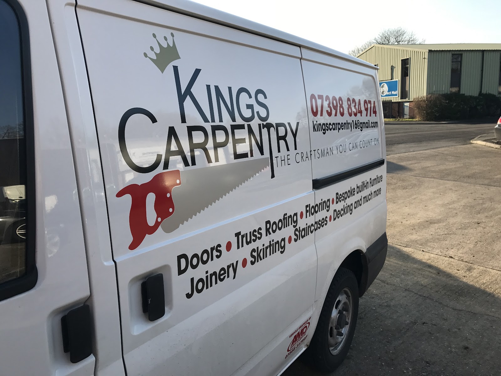 Kings Carpentry van with cut-vinyl logo and service list by AMD Innovation